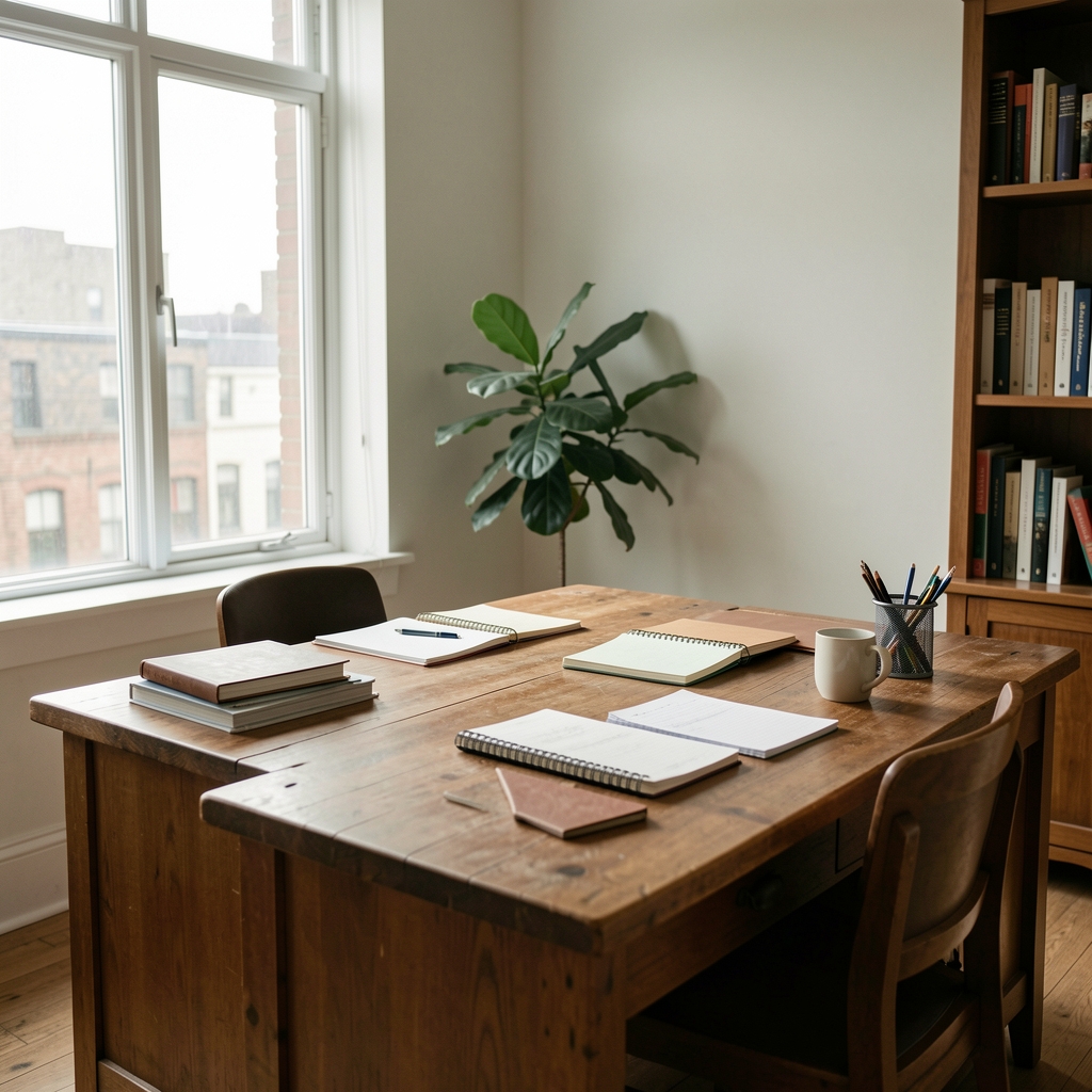 Editorial office interior with wooden desk, notebooks, and natural light from large window
