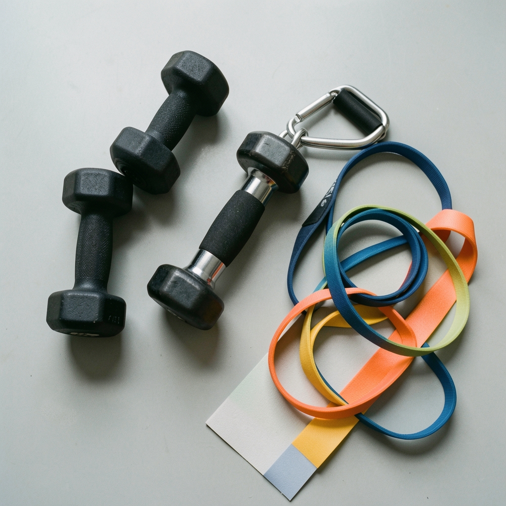 Weights and resistance bands arranged on a clean gym surface, editorial flat lay, natural overhead light