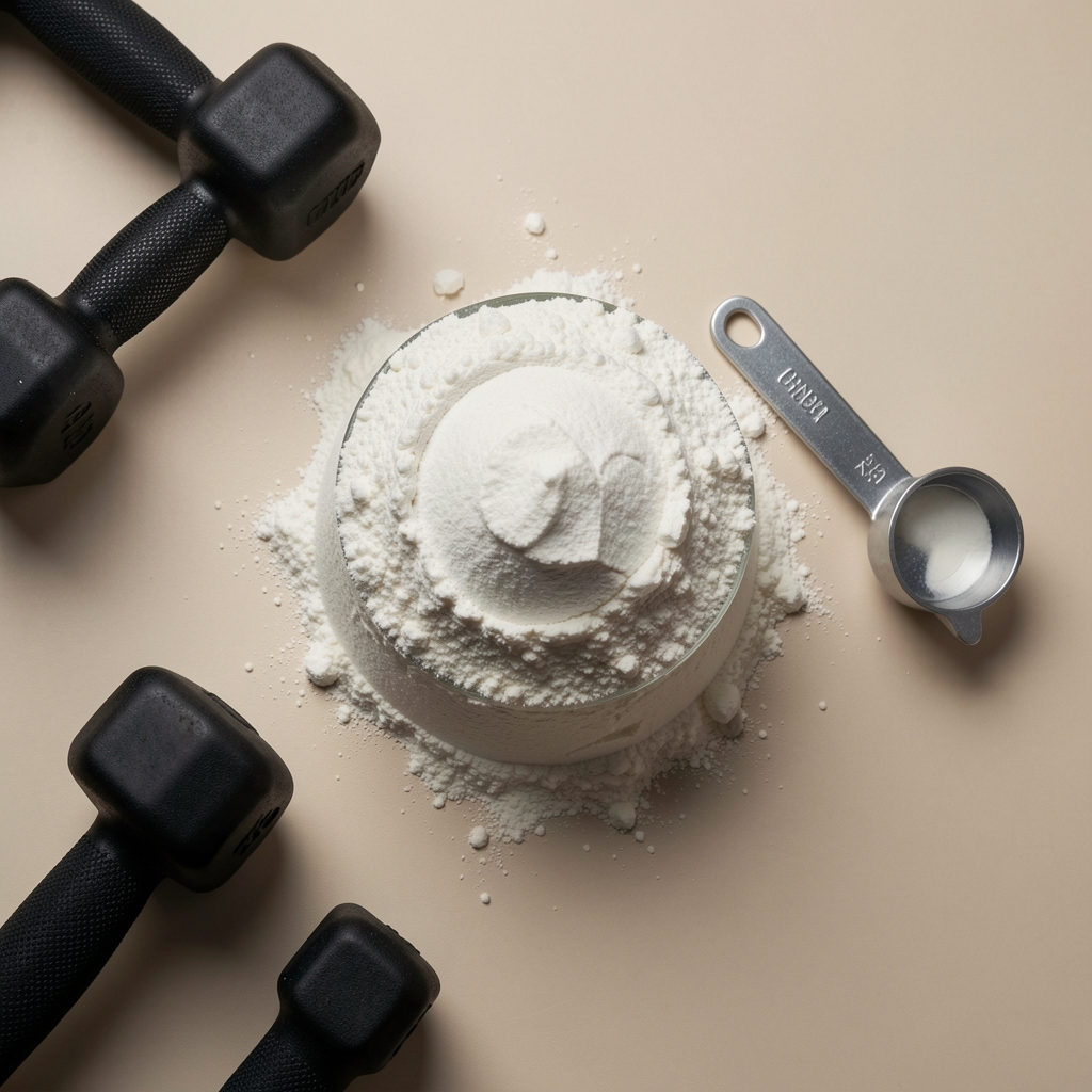 Creatine powder and measuring scoop on a neutral background, editorial flat lay with gym equipment