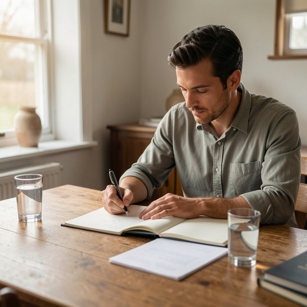 Man journalling notes at a wooden desk with open notebook and water glass, natural morning light